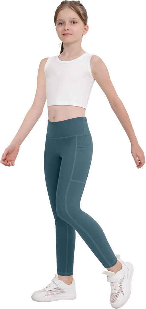 Girls' Athletic Leggings with Pockets, 5 Packs Kids Teen Dance Yoga Workout Running Pants