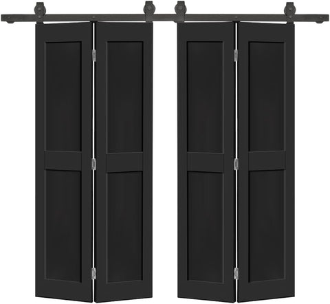 60 in. x 80 in. 2 Panel Shaker Hollow Core Black Composite Double Bi-Fold Door with Barn Door Hardwa