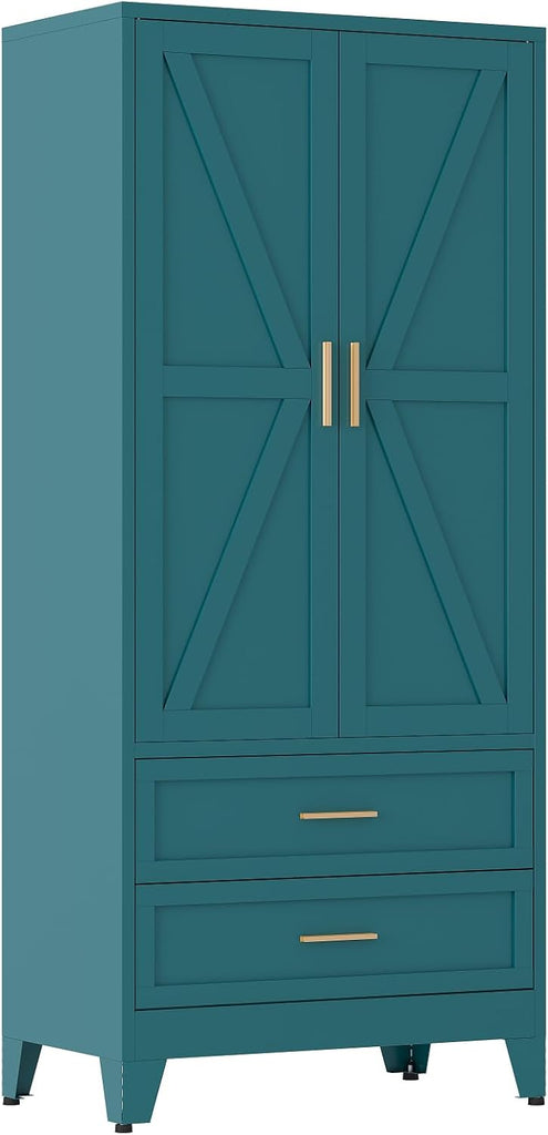 71" Tall Metal Wardrobe with Doors, Hanging Rod & Adjustable Shelf, Freestanding Steel Armoire Home Office, 2-Drawer