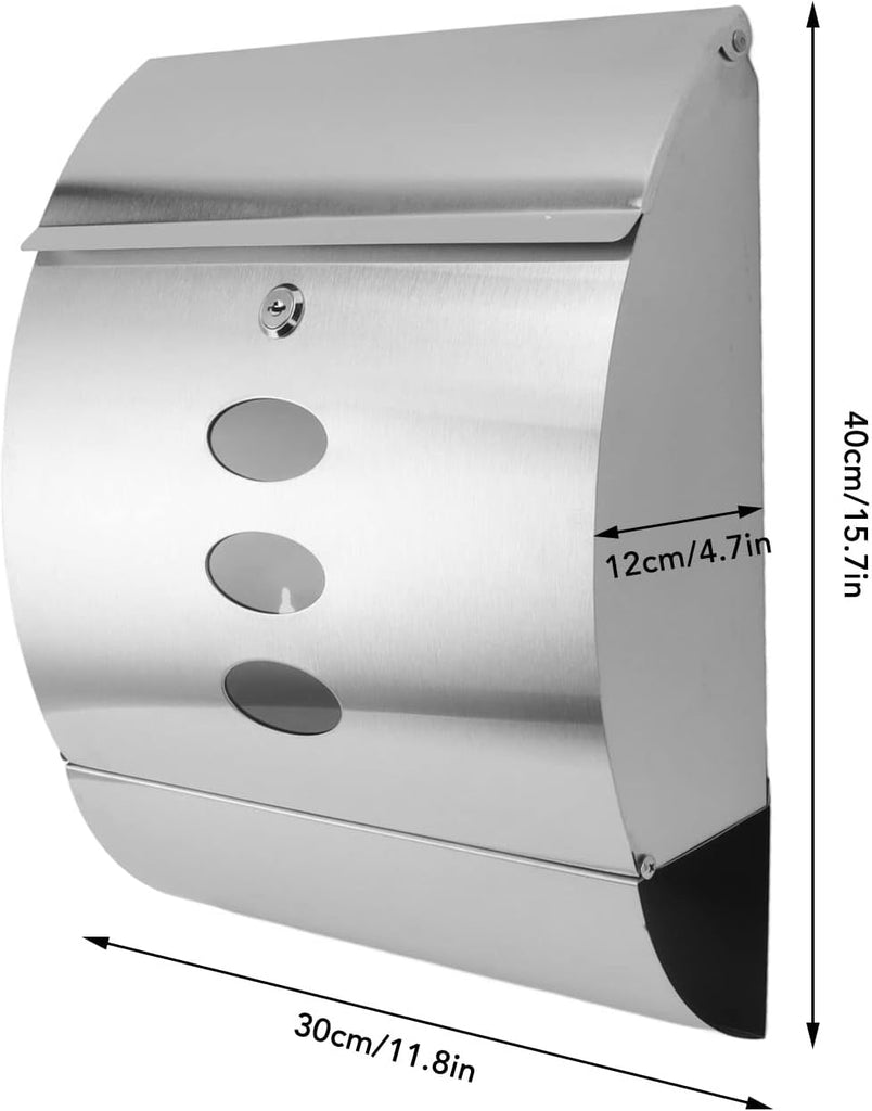 Wall Mount Mailbox, Large Capacity Security Locking Mailbox Rustproof Metal Post Box (Sliver)