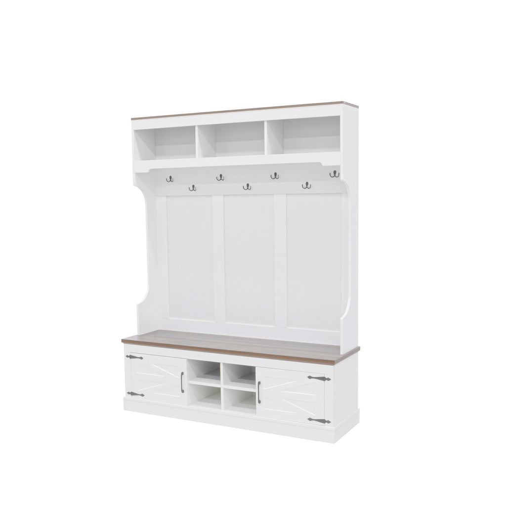 71''H Farmhouse Hall Tree with Bench and Shoe Storage, White