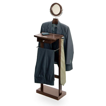 Solid Wood Clothes Valet Stand in Dark Espresso with Round Mirror, Drawer, Tray, Pants and Tie Hangers, and Shoe