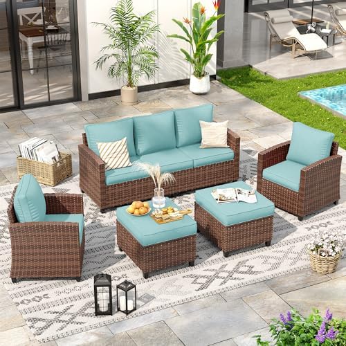 5-Piece Wicker Outdoor Patio Furniture Set | Blue All-Weather Resistant with Thick Cushions for Patio, Garden & Porch