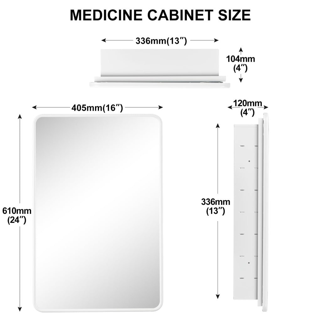White Bathroom Medicine Cabinet with Mirror 16 x 24 Metal Frame Recessed Or Wall Mounted Single Door Storage Medicine
