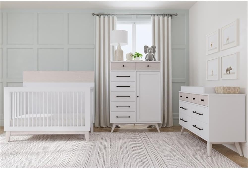 Modern Wood Convertible Crib, Ash Linen White Finish, 48" H x 56" W x 30.5" D, Three Height Adjustments, Steel Spring