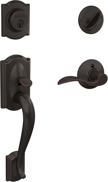 F60 V CAM 716 ACC Camelot Front Entry Handleset with Accent Lever, Deadbolt Keyed 1 Side, Aged Bronze - Door Handleset
