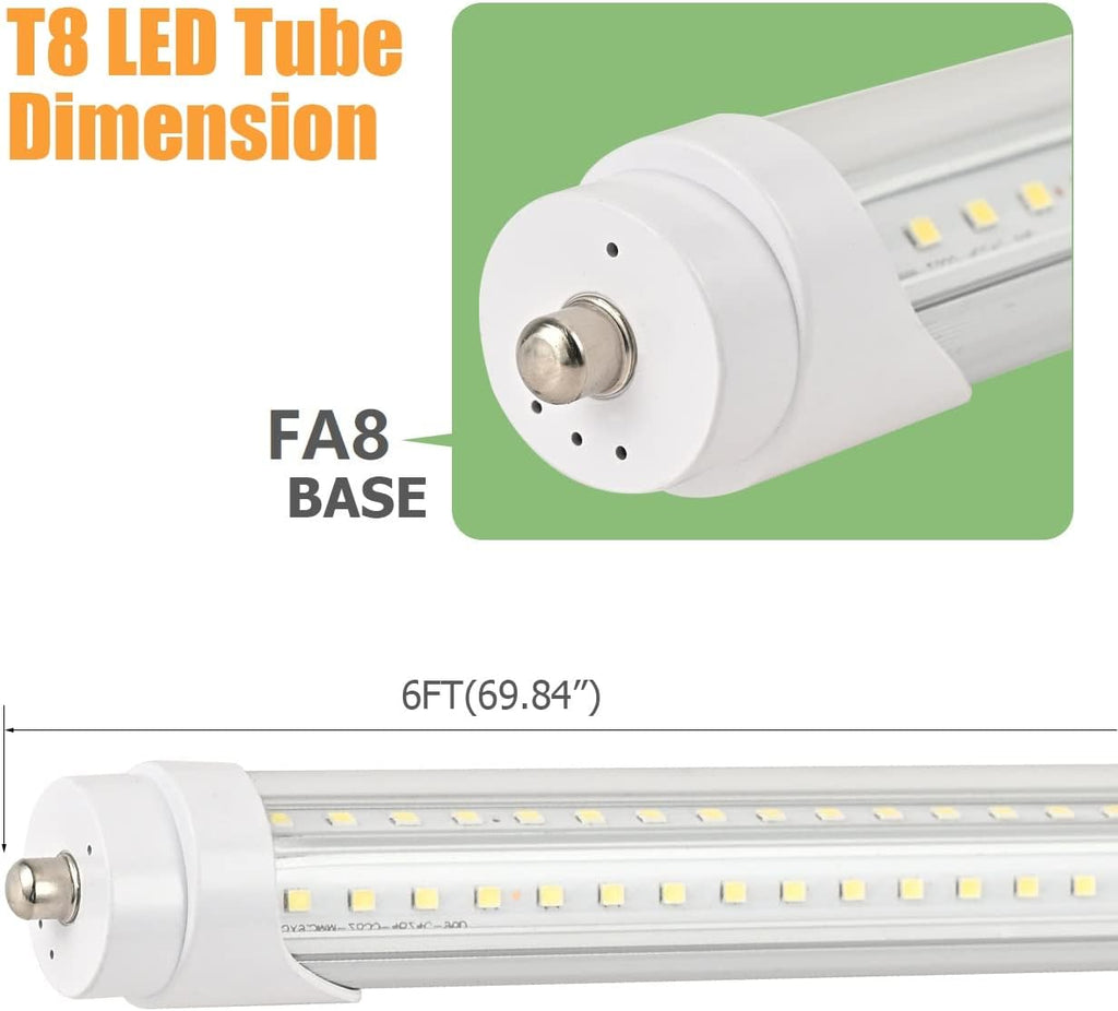 6FT T8 LED Tube Light Bulbs 40W Single pin Fa8 Cap 6000K Daylight with Ultra Bright Dual-Row LEDs,6 Foot T10