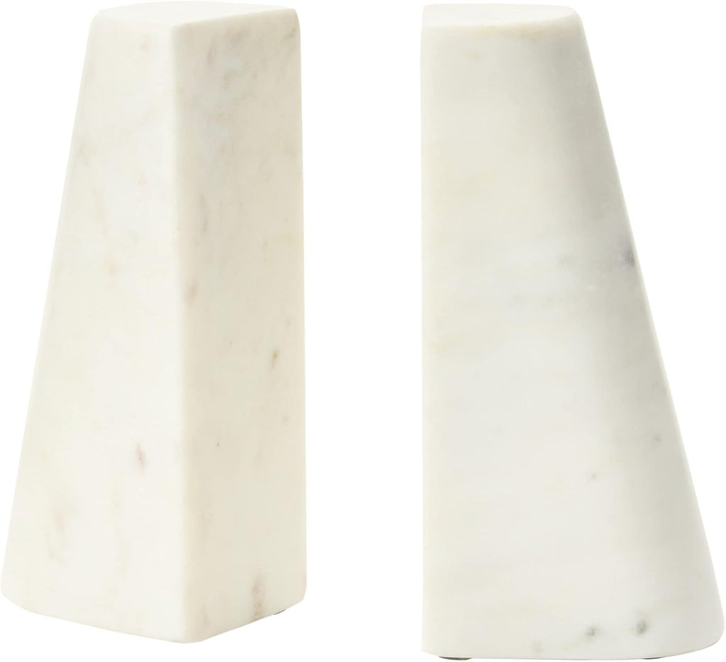 Geometric Marble Bookends with Brass Inlay, White