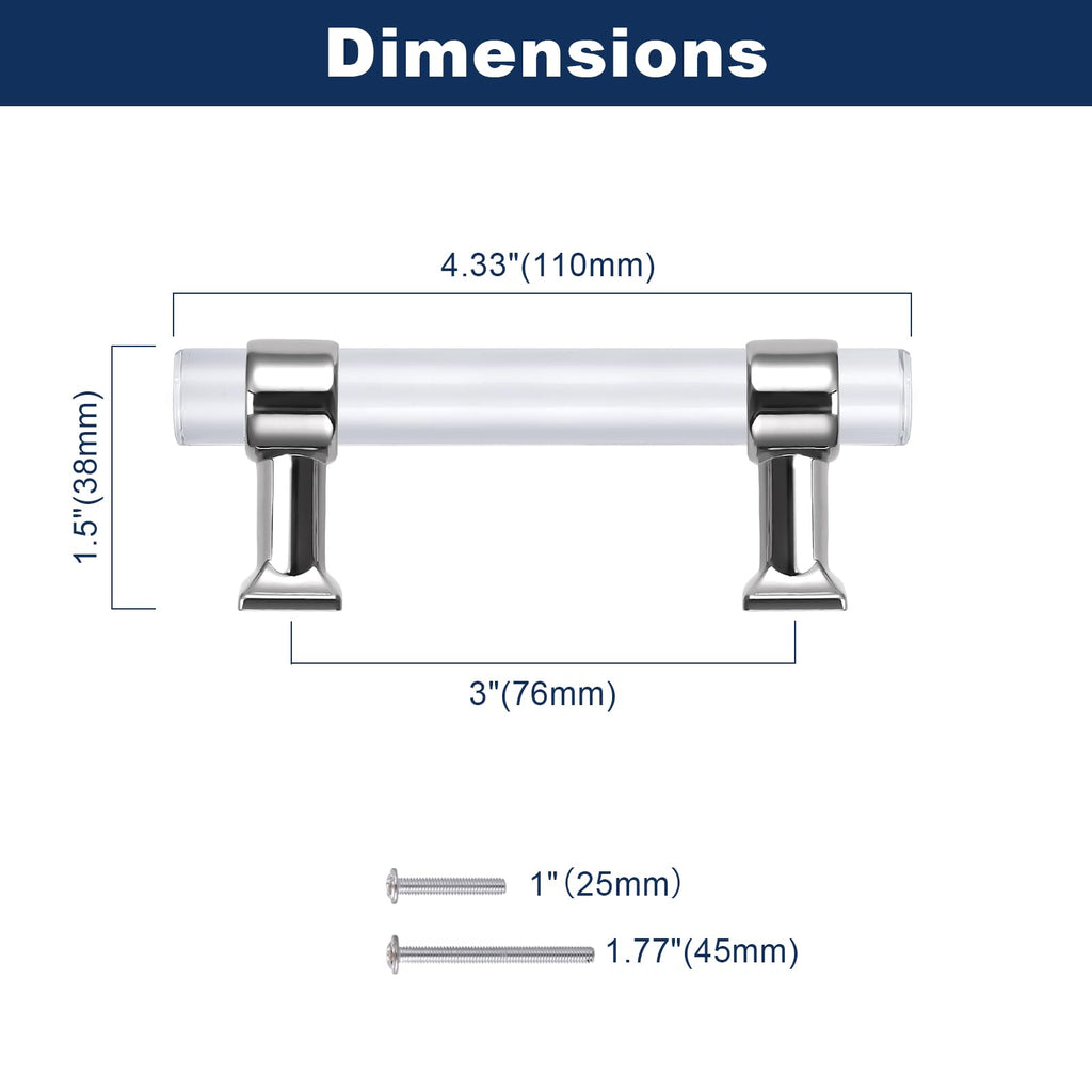 5 Pack Cabinet Handle Kitchen Drawer Pulls - Acrylic Cabinet Pull Handles Polished Chrome Drawer Handles Cabinet