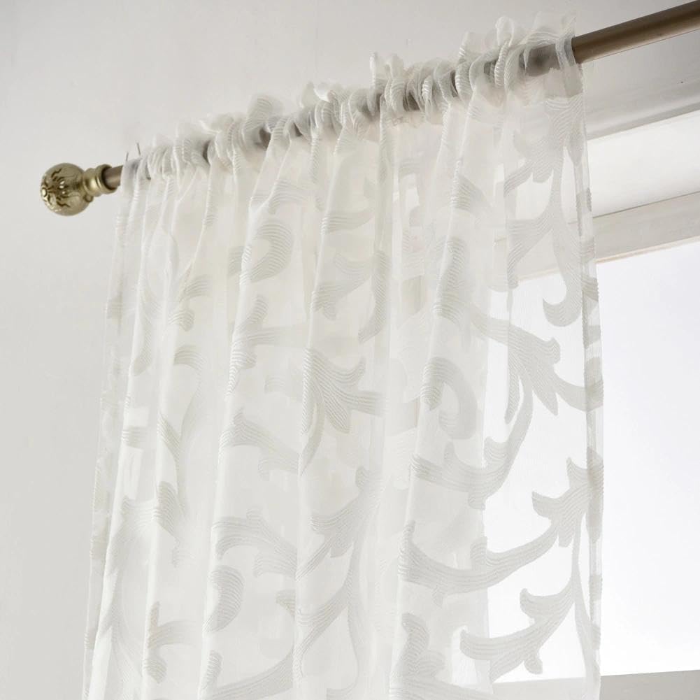 Elegant White Sheer Curtains, Light Filtering Voile Drapes, Rod Pocket Window Curtains Drapes, Scroll Jacquard
