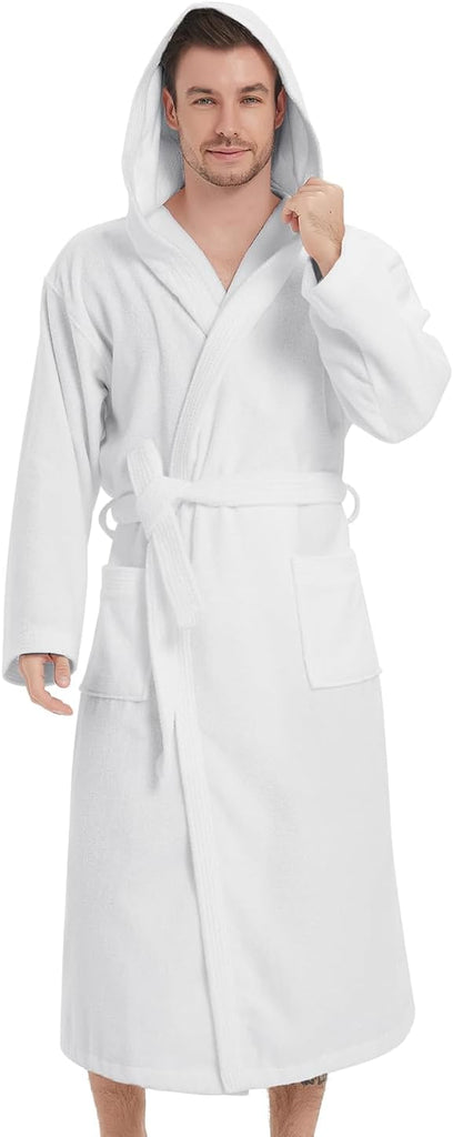 Men's Bathrobes with Hood, 100% Cotton Terry Bath Robe, Soft Long Shower Towel Robe for Men with Pockets