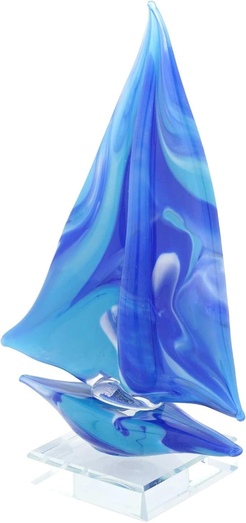 Sailboat On Base - Blue and Aqua Decorative Glass Sailboat Figurine Coastal Beach House Ornament Nautical Decor