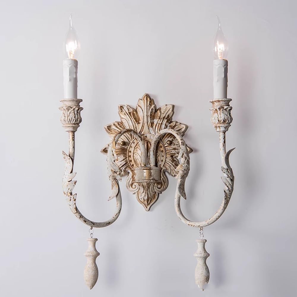 French Country Distressed White Wall Sconce - 2-Light Candle Holder Fixture for Vintage Rustic Home Decor - Ideal