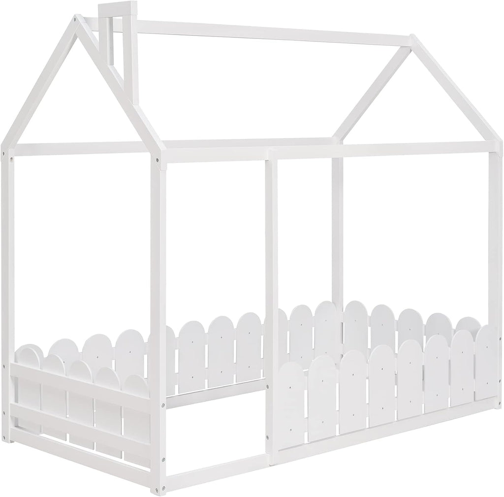 Tw Floor Bed with Rail for Kids, Wood Montessori Floor beds with roof for Kids, no slats White