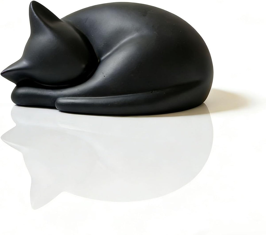 Cat Urn for Ashes - Sleeping Cat Memorial Urn for Pet Ashes, Matte Black Resin Cremation Urn for Cats, Forever