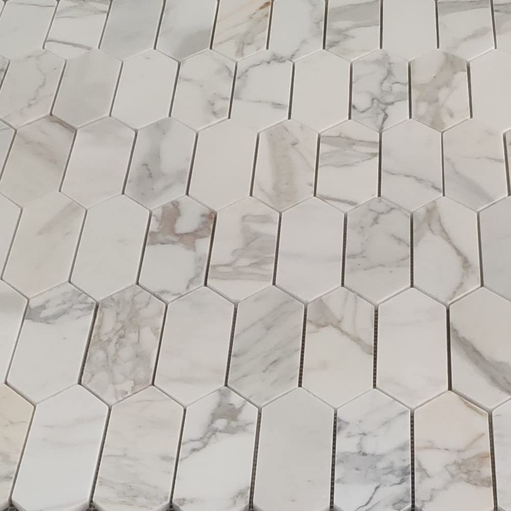 Calacatta Gold Marble 2x6 Picket Fence Elongated Hexagon Mosaic Tile Honed Kitchen Bath Wall Floor Backsplash Shower
