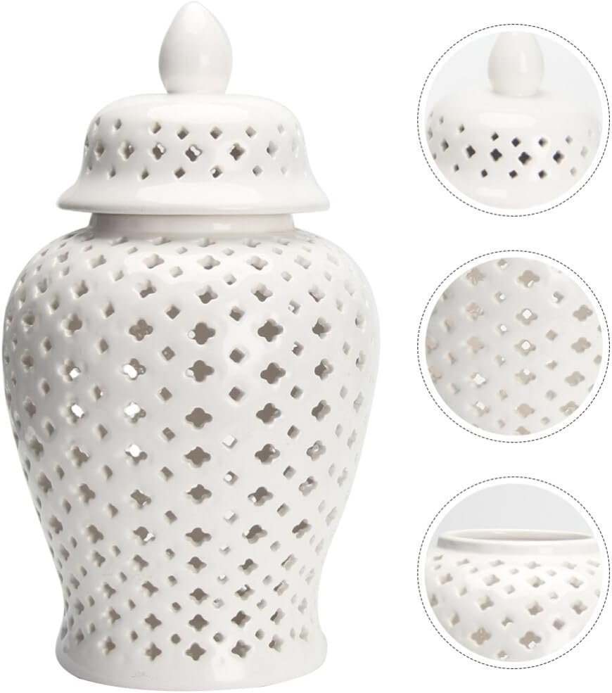 Ginger Jars Decor Traditional Pierced Ginger Jar with Lid Carved Lattice Decorative Temple Jar Cut Out Ceramic Vase