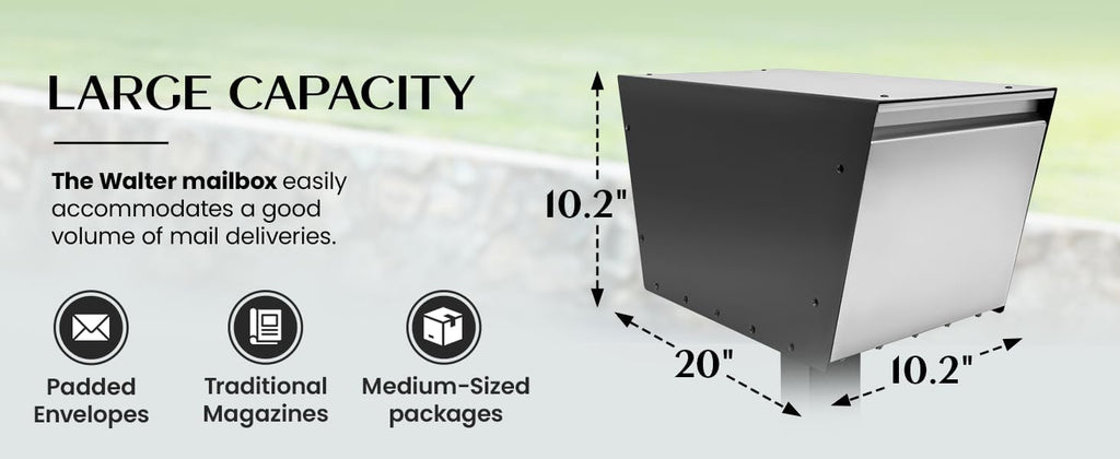 Walter Post Mount Mailbox, Modern Curbside Stainless Steel, Large Locking, Black