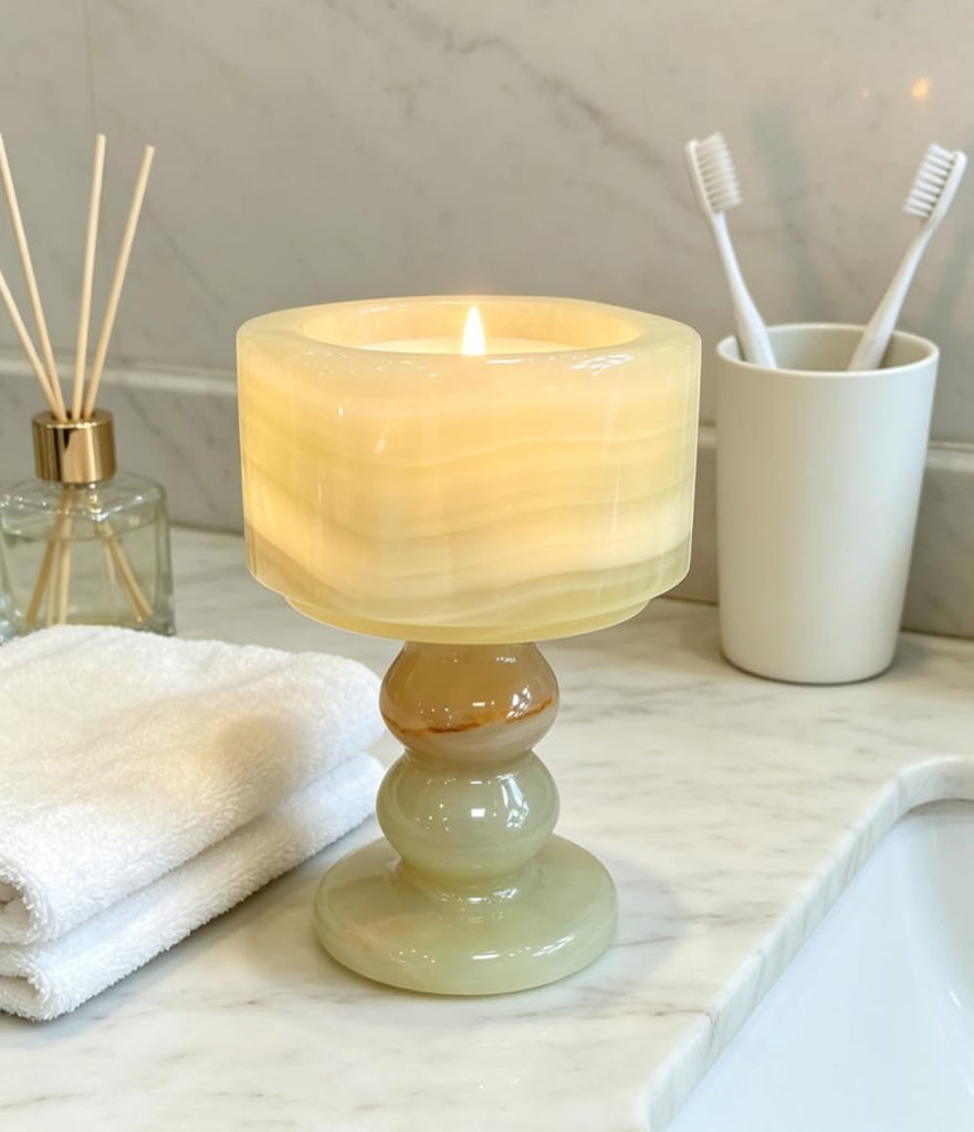 Set of 2 Natural Stone Pedestal Candle Holders - Marble & Onyx Decorative Candle Stands for Modern Home Decor