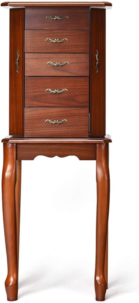 Wooden Jewelry Cabinet Armoire, 5-Tier Standing Jewelry Chest with Top Flip Makeup Mirror 4 Drawers 6 Necklace Hooks