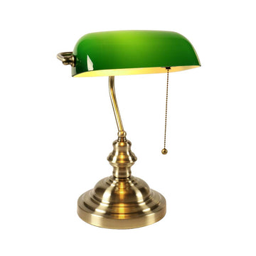 Glass Bankers Desk Lamp with Pull Chain Switch Plug in Fixture (Green)