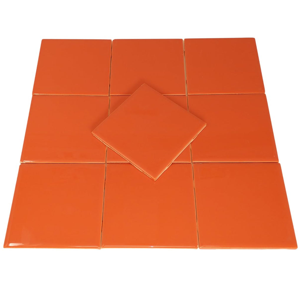 Glossy Ceramic Tile 4.25 inch Subway Square 4x4 Shower Bathroom Kitchen Backsplash Box 10 Pieces (Orange)