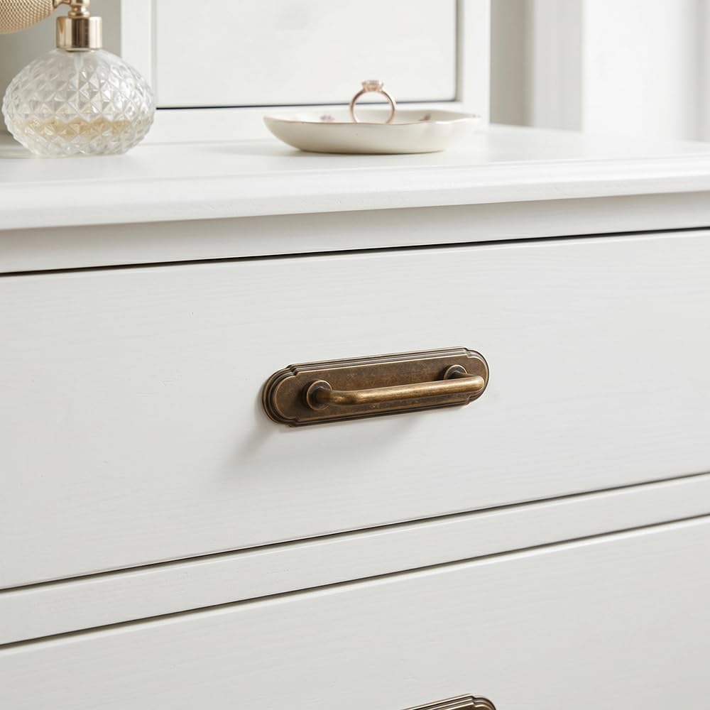 Antique Brass Cabinet Pulls with Backplate, 3 Inch Hole Centers, 2 Pack Vintage Transitional Drawer Handles, Zinc