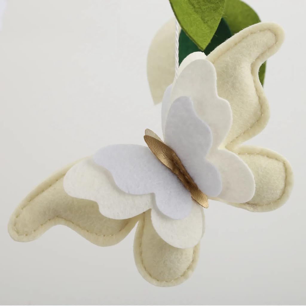 Butterfly Mobile for Crib - A Beautiful Neutral Butterfly Crib Mobile with Green Leaves, White and Gold Detail