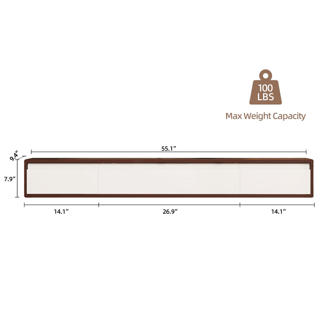Floating High Gloss, 55'' Wall-Mounted TV Cabinet, Floating TV Console, Under TV Shelf with 3 Doors (Walnut+White)