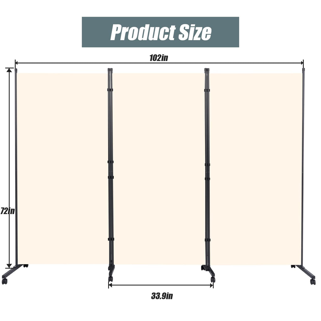 Room Divider 102'' Wide Folding Privacy Screen, 3 Panel Wall Divider w/Wheel