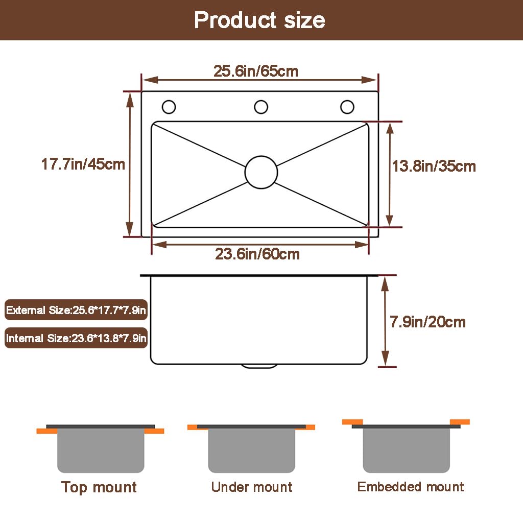 Black Drop Sink, Stainless Steel Single Bowl Sink with 3 Holes, Topmount Workstation Sink, Farmhouse Rectangle Basin