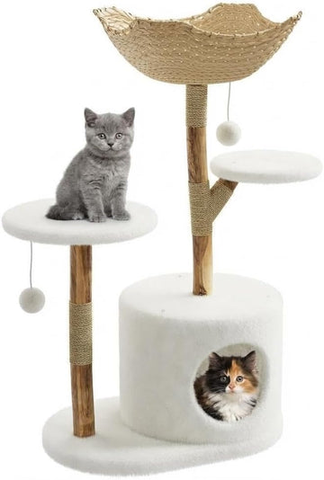 Real Solid Wood Modern Cat Tree Tower with 2 Platforms, Aesthetic Cat Tree for Indoor Cats, Kittens Condo