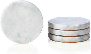 Real Natural Marble Coasters, Carrara White Coaster 4 inch, Modern Round Stone, Trendy Drink Coasters - Set of 4