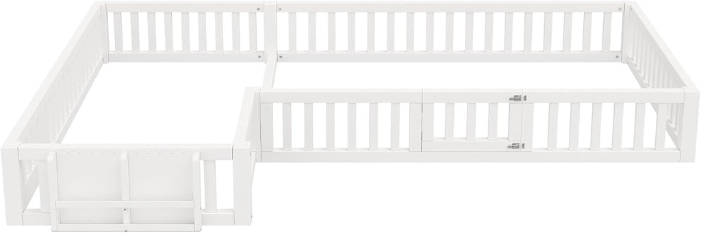 L Shape Double Floor Bed with Bookcase & Lockable Safety Gate, Montessori Bed Frame with Storage for