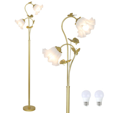 Gold Floor Lamp, Flower Standing Lamp with 2 LED 5W Blubs, Foot Switch, Floral Tall Lamp with Acrylic Shade, Antique