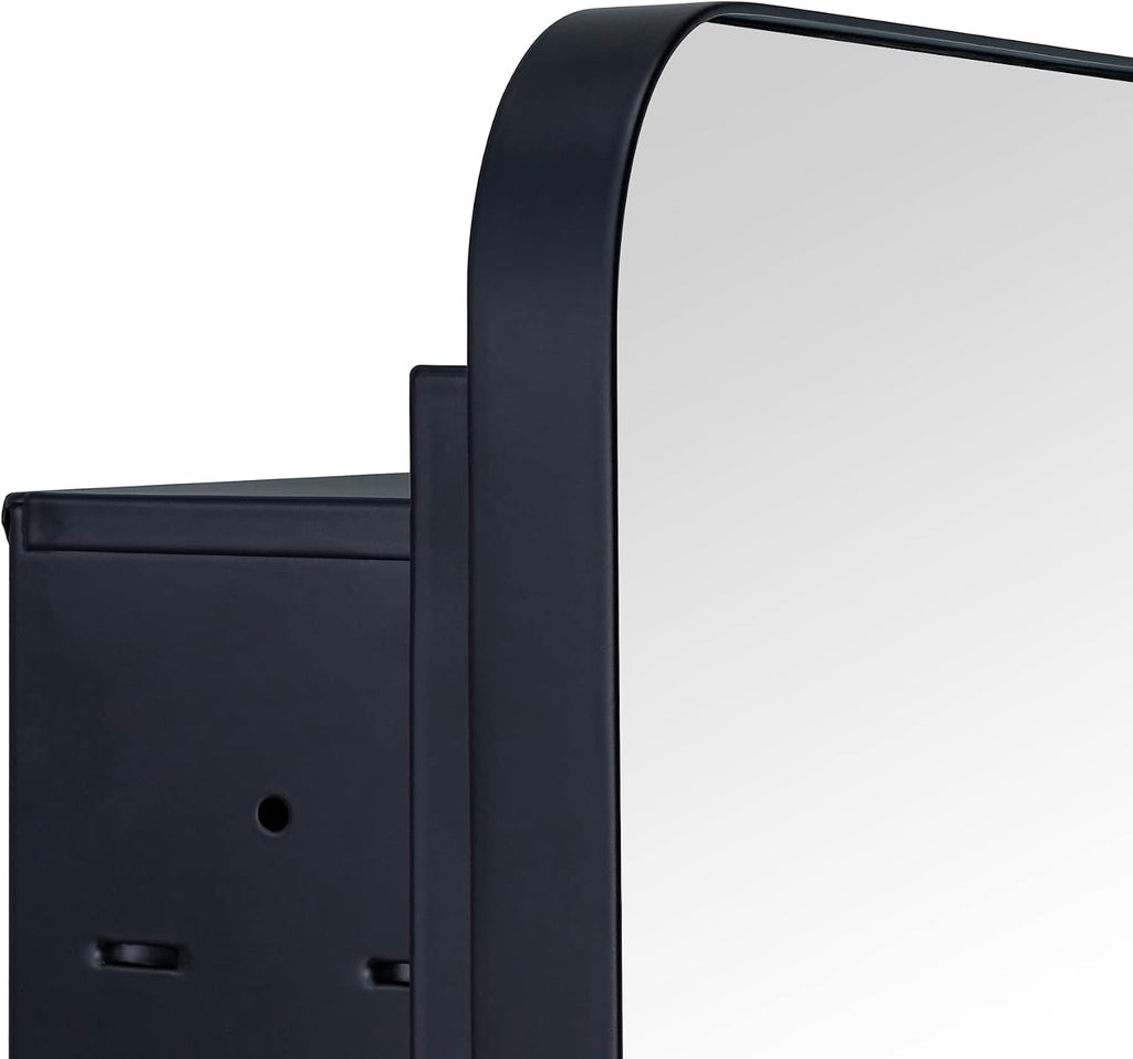 Matt Black Rectangle Recessed Bathroom Medicine Cabinet with Mirror Stainless Steel Metal Framed Rounded Rectangular