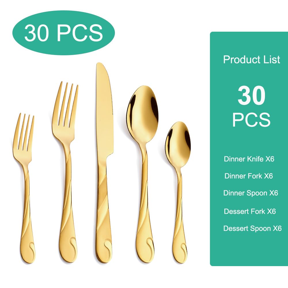 Gold Silverware Set, 30-Piece Stainless Steel Flatware Set