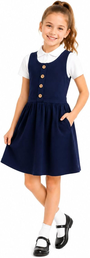 Girls School Uniform Jumper Dress Pockets Stretch Cotton Blend
