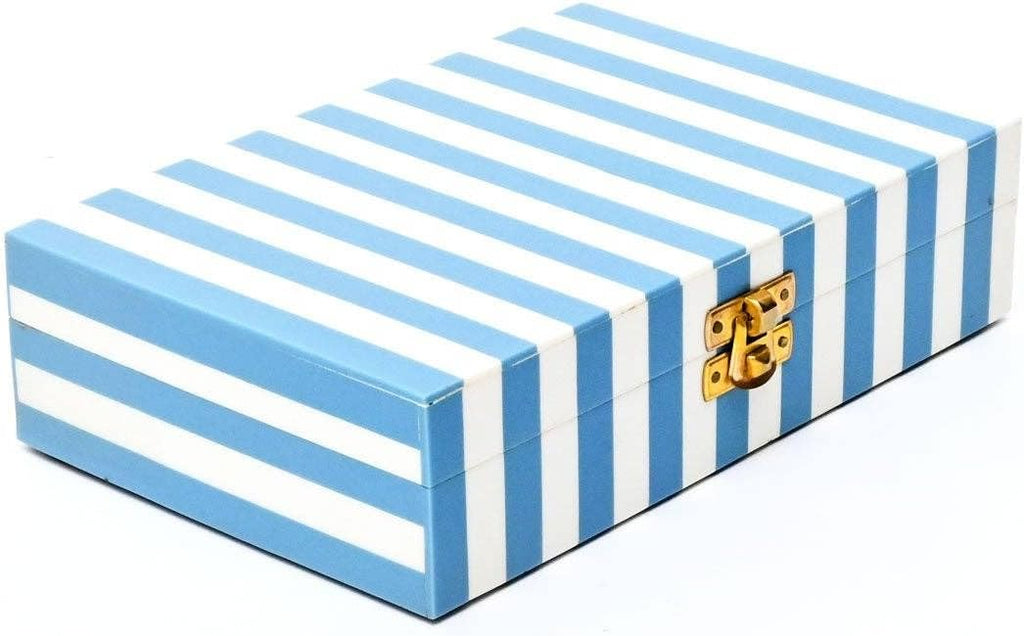 Decorative Storage Box with Lid, 8 x 5 x 2 Inch, Blue & White Striped Wooden Keepsake Box for Jewelry, Accessories
