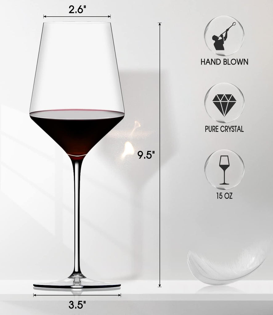 Red Wine Glasses Set of 4, Premium Crystal Wine Glasses Hand Blown,15 oz,Thin Rim,Long Stem,Perfect for Red or