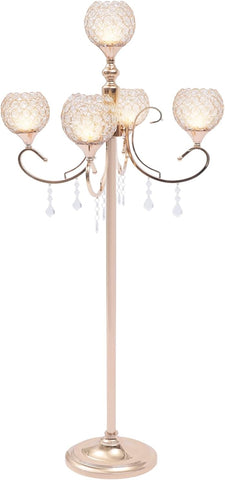 5 Arms Candelabra Crystal Candle Holder, 49 Inches Gold Crystal Candle Holders with Hanging Crystal Drop, Gold Floor