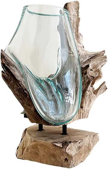 Hand Blown Molten Glass and Teak Vase Sculpture Natural Solid Wood and Recycled Glass Modern Home Decor Large Size