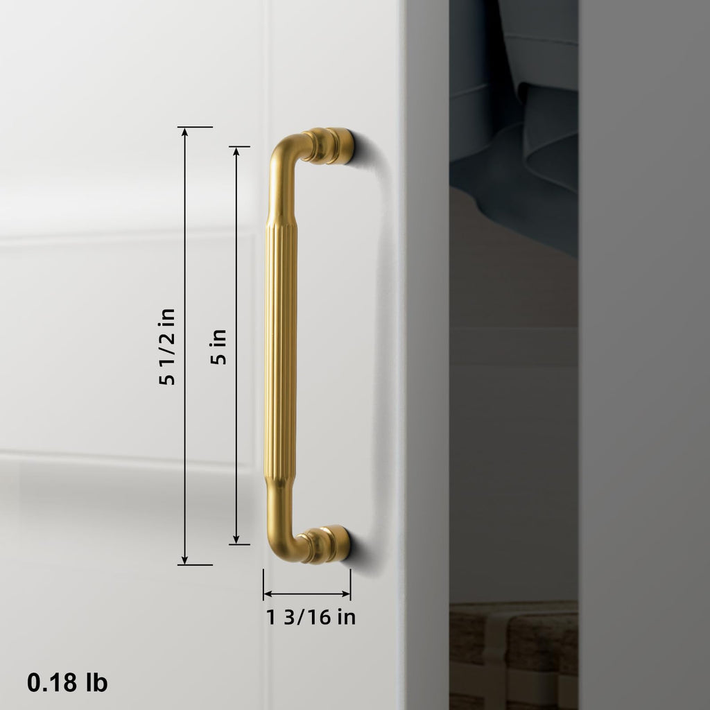 Brushed Gold Cabinet Pulls, Solid Fluted Drawer Handles, 5 Inch (128mm) Hole Center Art Deco Dresser Hardware