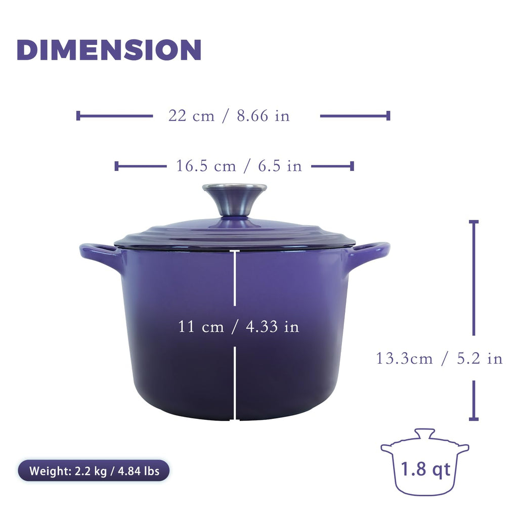 Dutch Oven Pot with Lid 1.8 Qt Cast Iron Dutch Oven for Bread Baking, Purple Enameled Cast Iron Rice Pot, Small Deep