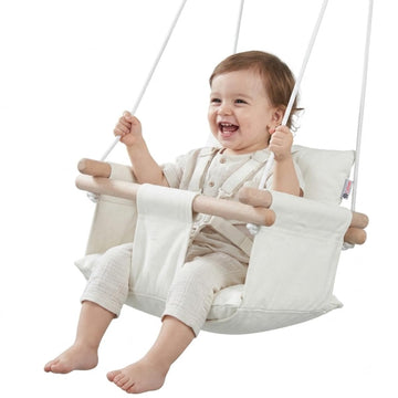Canvas Baby Swing Seat with 5-Point Safety Belt - Wooden Hanging Toddler Swing, Indoor & Outdoor, Ages 1-4, Ceiling