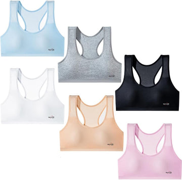 Teen Girls Sports Bras 6Pack Cotton Underwear and Wire-Free Bra for Kids