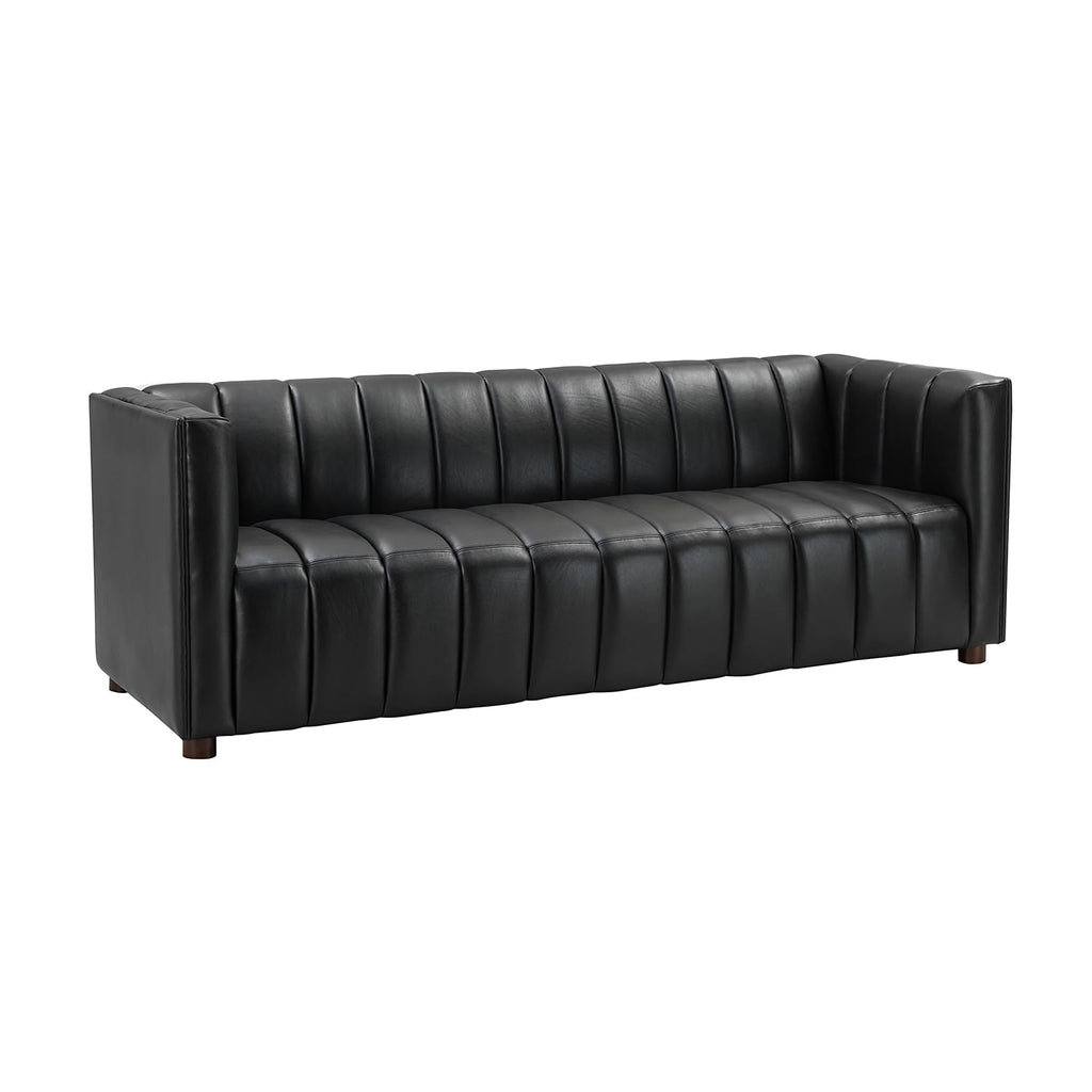 83" Genuine Leather Sofa with Channel Tufted Design, Black