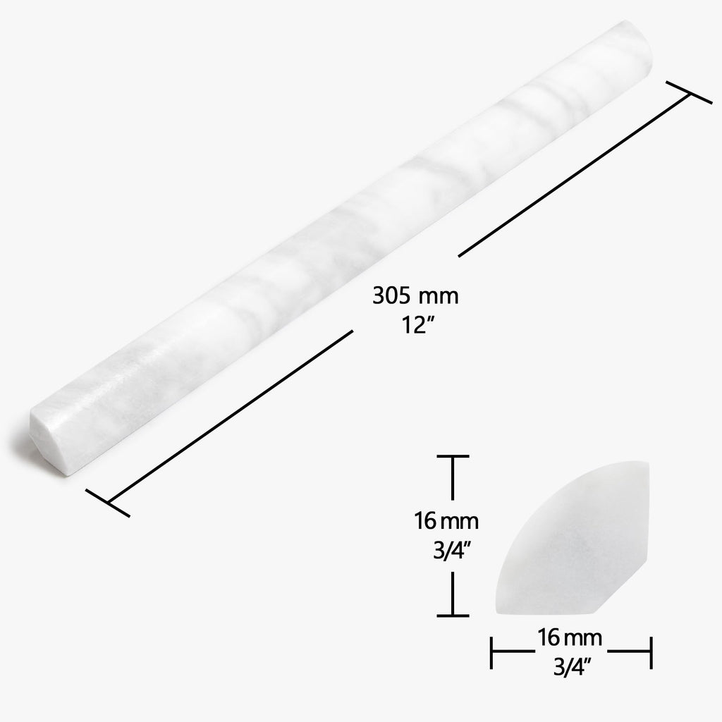 Carrara White Marble Quarter Round Tile, 3/4" x 12" Honed Natural Stone Marble Tile Edge Trim Molding