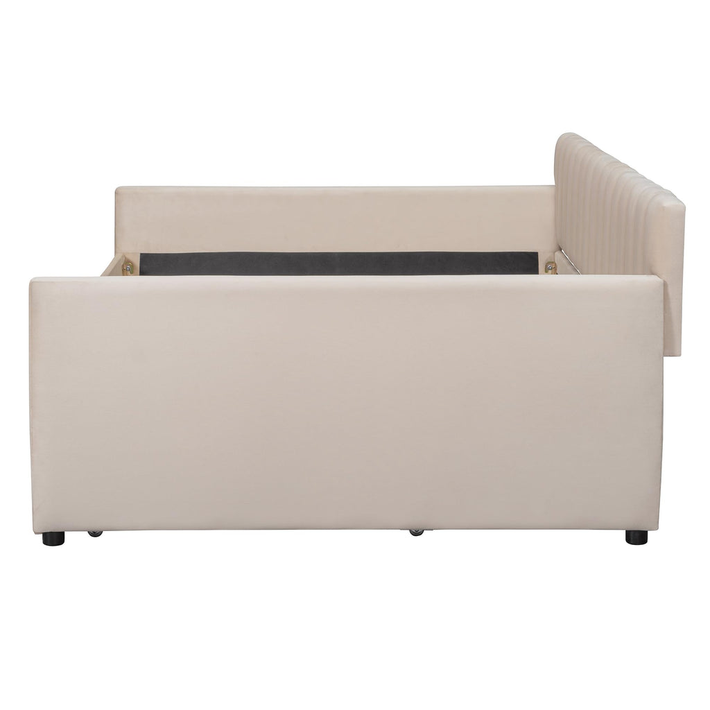 Full Size Daybed with Trundle, Upholstered Day Bed Frame Velvet Sofa Beds with Vertical Channel Tufted Headboard