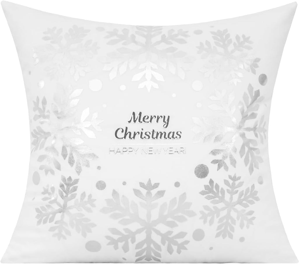 White Silver Christmas Throw Pillow Covers Cases 16X16 Winter Xmas Navidad Decorations Indoor Home Holiday - Set of 4